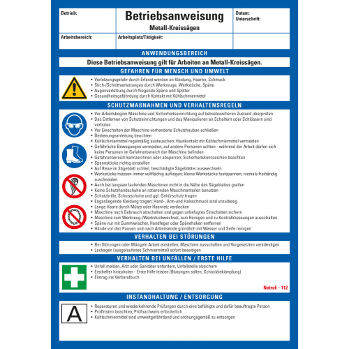 Aushang Betriebsanweisung Metall-Kreissägen, blau-weiß