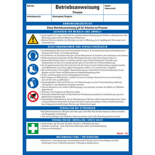 Aushang Betriebsanweisung Pressen, blau-weiß