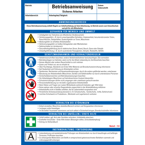 Aushang Betriebsanweisung Sicheres Arbeiten, blau-weiß Aushang Betriebsanweisung Sicheres Arbeiten, blau-weiß