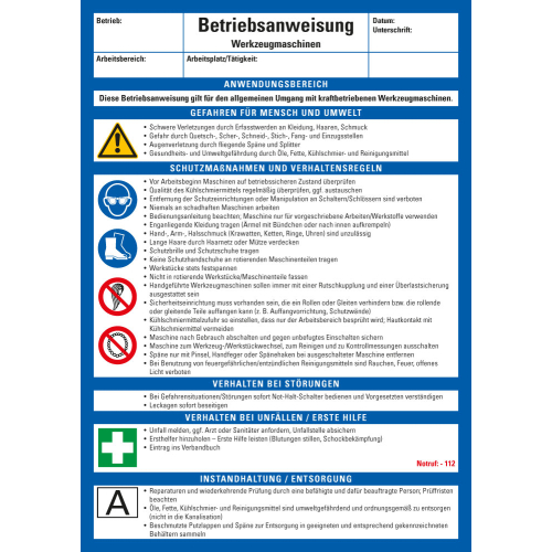Aushang Betriebsanweisung Werkzeugmaschinen, blau-weiß