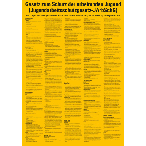 Aushang Gesetz zum Schutz der arbeitenden Jugend, gelb