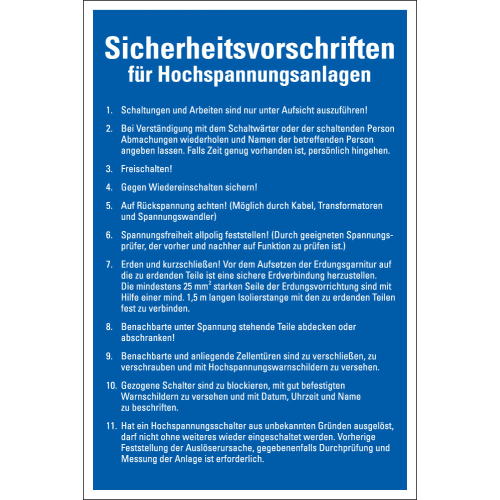 Aushang Sicherheitsvorschriften für Hochspannungsanlagen, blau Aushang Sicherheitsvorschriften für Hochspannungsanlagen, blau