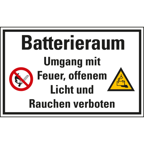 Batterieraum Umgang mit Feuer, offenem Licht und Rauchen verboten mit zwei Piktogrammen