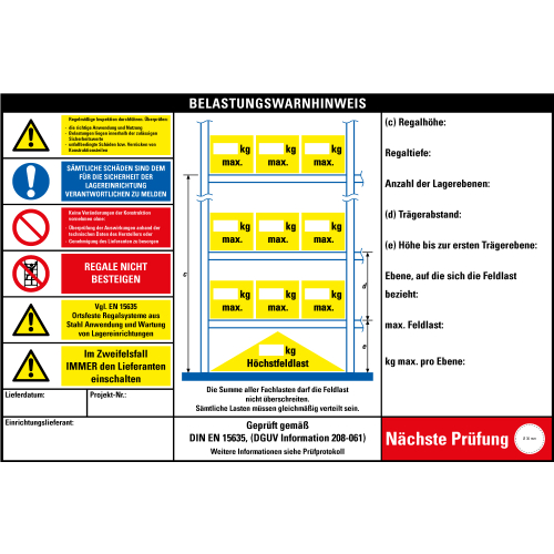 Belastungswarnhinweis für Palettenregale, 3 Einheiten, Kunststoff, 600 mm x 400 mm Belastungswarnhinweis für Palettenregale, 3 Einheiten, Kunststoff, 600 mm x 400 mm