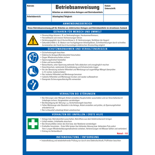 Aushang Betriebsanweisung Arbeiten an elektrischen Anlagen und Betriebsmitteln, blau-weiß
