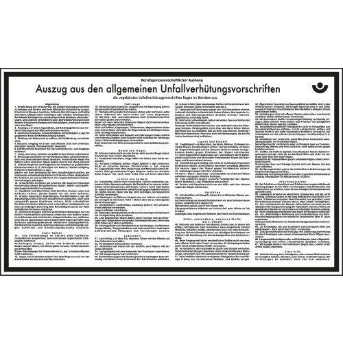 
Betriebsaushang: Auszug allgemeiner Unfallverhütungsvorschriften, weiß, Kunststoff oder Resopal, 430 mm x 260 mm, nur als Einzelstück

