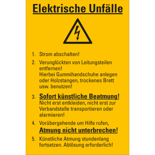 Betriebsaushang: Elektrische Unfälle [...], gelb, Folie selbstklebend oder Kunststoff, 200 mm x 300 mm, nur als Einzelstück