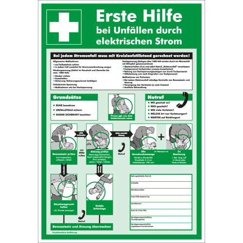 Betriebsaushang: Erste Hilfe bei Unfällen durch elektrischen Strom [...], grün, Folie selbstklebend oder Aluminium, 395 mm x 575 mm, nur als Einzelstück