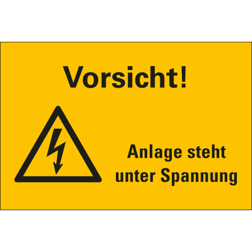Warnschild: Vorsicht! Anlage steht unter Spannung, Blitzpfeil, RoHS konform, Folie oder Kunststoff