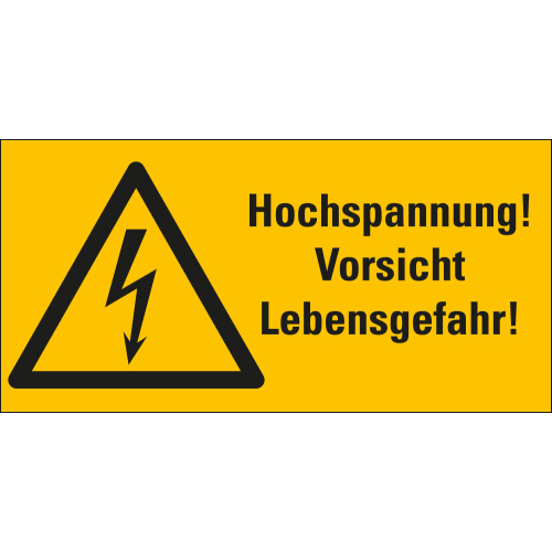 Kombi-Warnschild: Hochspannung! Vorsicht Lebensgefahr!, Blitzpfeil, gelb-schwarz