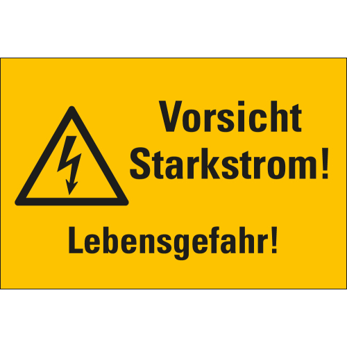 Kombi-Warnschild: Vorsicht Starkstrom! Lebensgefahr!, Blitzpfeil, Folie oder Kunststoff, verschiedene Größen, nur als Einzelstück