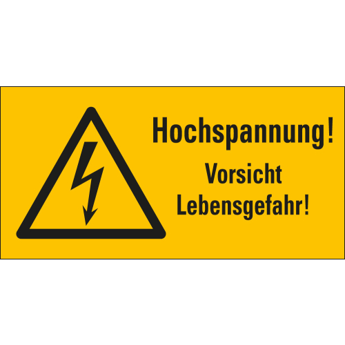 Kombi-Warnschild: Hochspannung! Vorsicht Lebensgefahr!, Blitzpfeil, Folie oder Kunststoff, verschiedene Größen, Einzelstück oder Bogen
