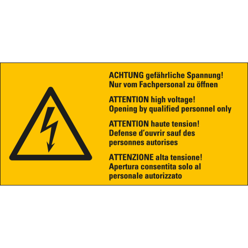 Warnschild: ACHTUNG gefährliche Spannung! Nur vom Fachpersonal zu öffnen, 4-sprachig, Blitzpfeil, RoHS konform, Folie selbstklebend, zwei Größen, nur als Einzelstück
