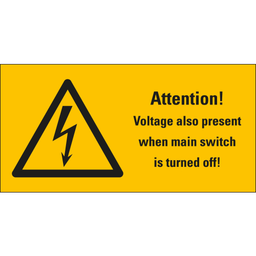 Warnschild: ATTENTION! Voltage also present when main switch is turned off, Blitzpfeil, UL-anerkannt, Folie selbstklebend, zwei Größen, Einzelstück oder Bogen
