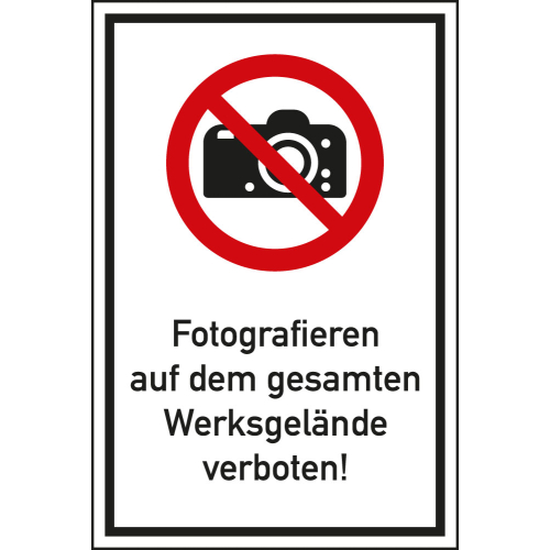 
Kombi-Verbotsschild: Fotografieren auf dem gesamten Werksgelände verboten!, Piktogramm & Text, ISO, Aluminium, zwei Größen, nur als Einzelstück
