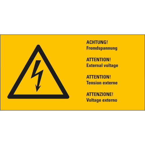 Warnschild: ACHTUNG! Fremdspannung, 4-sprachig, Blitzpfeil, RoHS konform, Folie selbstklebend, zwei Größen, nur als Einzelstück
