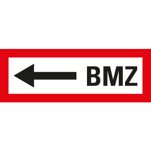 Feuerwehrschild: BMZ links, weiß-rot, DIN 4066, Folie selbstklebend, 297 mm x 105 mm, 1 Stück