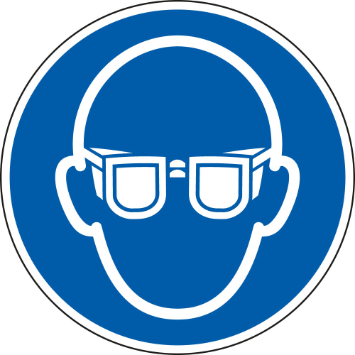Gebotsschild: Augenschutz benutzen, blau-weiß