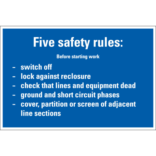 Hinweisschild: Five safety rules before starting work..., blau-weiß, Resopal, 300 x 200 mm, 1 Stück