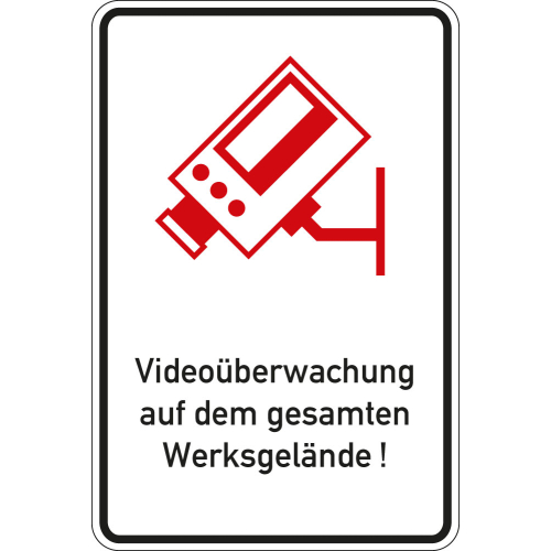 Hinweisschild: Videoüberwachung auf dem gesamten Werksgelände!, Symbol Kamera mit Text, weiß-rot-schwarz Hinweisschild: Videoüberwachung auf dem gesamten Werksgelände!, Symbol Kamera mit Text, weiß-rot-schwarz