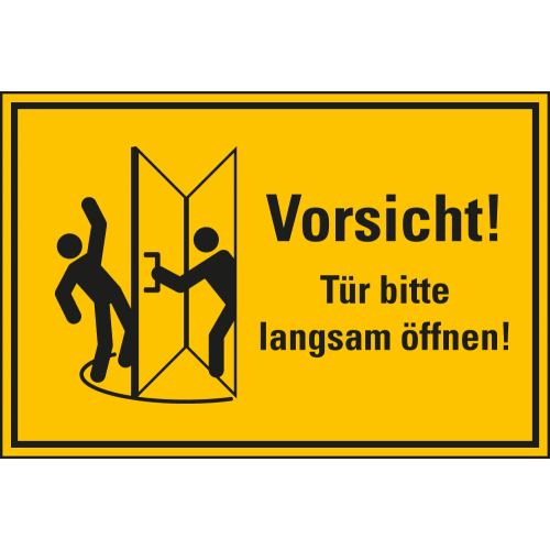 Hinweisschild: Vorsicht: Tür bitte langsam öffnen, Text und Symbol, gelb-schwarz Hinweisschild: Vorsicht: Tür bitte langsam öffnen, Text und Symbol, gelb-schwarz