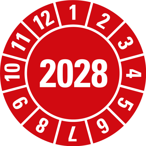 Jahresprüftplakette 2028, rot, Heft, Ø 20 mm Jahresprüftplakette 2028, rot, Heft, Ø 20 mm