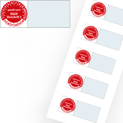 Kabelprüfplakette geprüft nach DGUV Vorschrift 3, rot, Bogen, 26-31 Kabelprüfplakette geprüft nach DGUV Vorschrift 3, rot, Bogen, 26-31