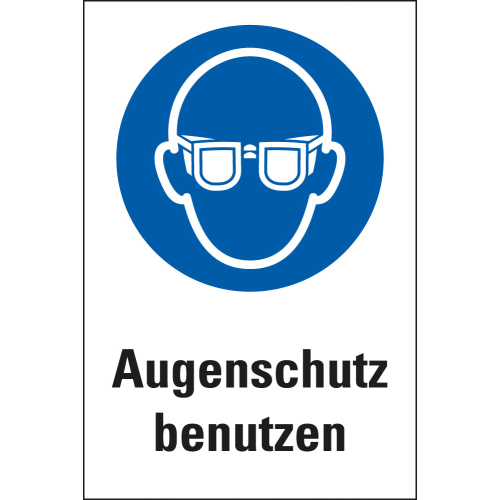 Kombi-Gebotsschild: Augenschutz benutzen, blau-weiß, ASR/ISO, Piktogramm & Text, Folie oder Kunststoff, zwei Größen, nur als Einzelstück