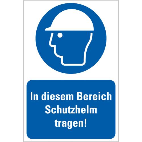 Kombi-Gebotsschild: In diesem Bereich Schutzhelm tragen!, blau-weiß