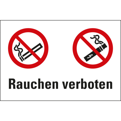 Kombi-Verbotsschild: E-Zigarette und Rauchen verboten, Piktogramm & Text, Folie oder Kunststoff, 300 mm x 200 mm, nur als Einzelstück