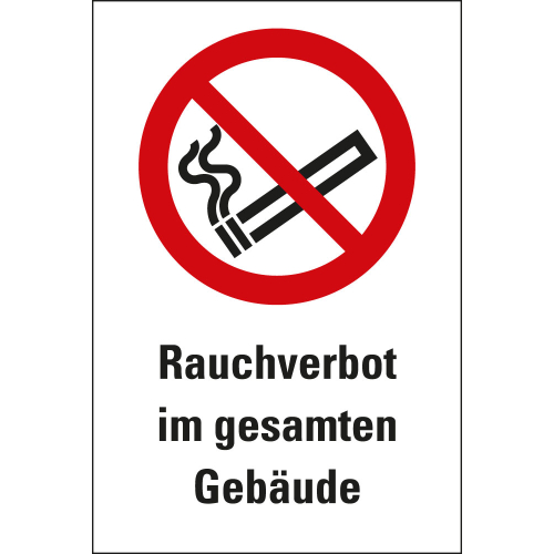 Kombi-Verbotsschild: Rauchverbot im gesamten Gebäude, Piktogramm & Text, ASR/ISO, Folie oder Kunststoff, zwei Größen, nur als Einzelstück
