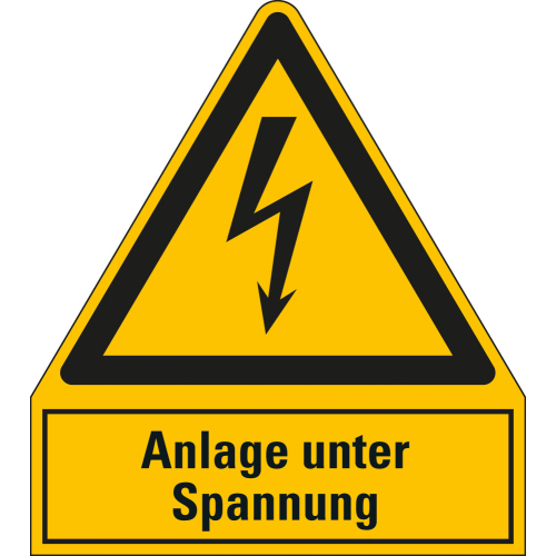 Kombi-Warnschild: Anlage unter Spannung, Blitzpfeil, RoHS konform, ASR/ISO, Folie oder Kunststoff