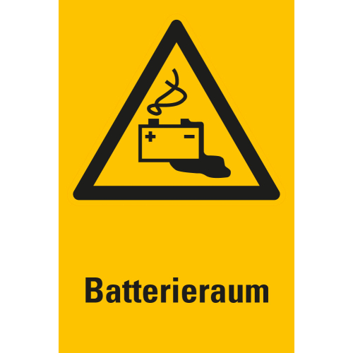 Kombi-Warnschild: Batterieraum, gelb-schwarz, Folie oder Kunststoff, 200 mm x 300 mm, nur als Einzelstück