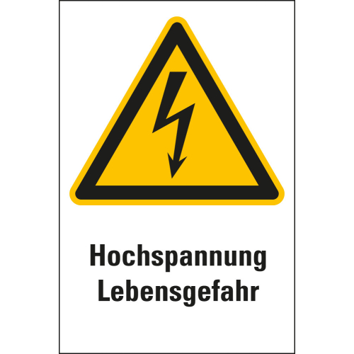 Kombi-Warnschild: Hochspannung Lebensgefahr, Blitzpfeil, ASR/ISO, Folie oder Kunststoff, 200 mm x 300 mm, nur als Einzelstück