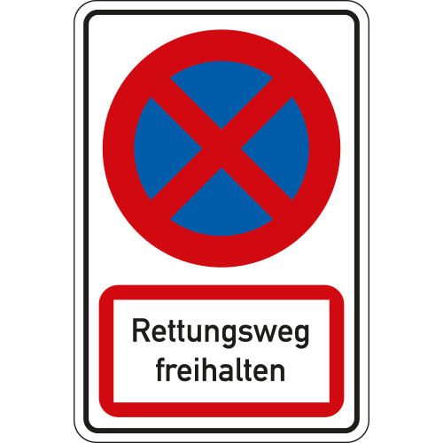 Kombischild: Parkverbot - Rettungsweg freihalten, Piktogramm und Text, Aluminium reflektierend (RA0) oder (RA1)