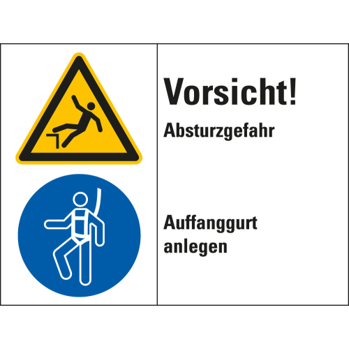 Kombischild: Vorsicht! Absturzgefahr - Auffanggurt anlegen, 2 Piktogramme und Text, Kunststoff