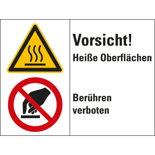 Kombischild: Vorsicht! Heiße Oberflächen - Berühren verboten, 2 Piktogramme und Text, Kunststoff