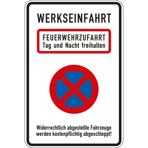 Kombischild: Werkseinfahrt - Feuerwehrzufahrt, Piktogramm und Text, Aluminium reflektierend (RA0) oder (RA1)