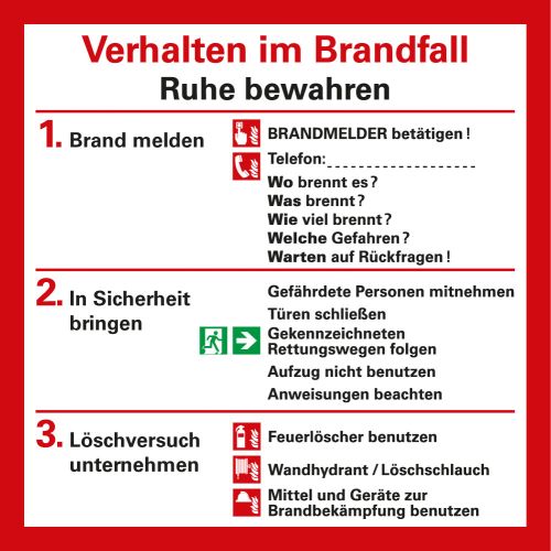 Notfallplan: Verhalten im Brandfall, ASR/ISO, Folie selbstklebend oder Kunststoff, 200 mm x 200 mm, nur als Einzelstück