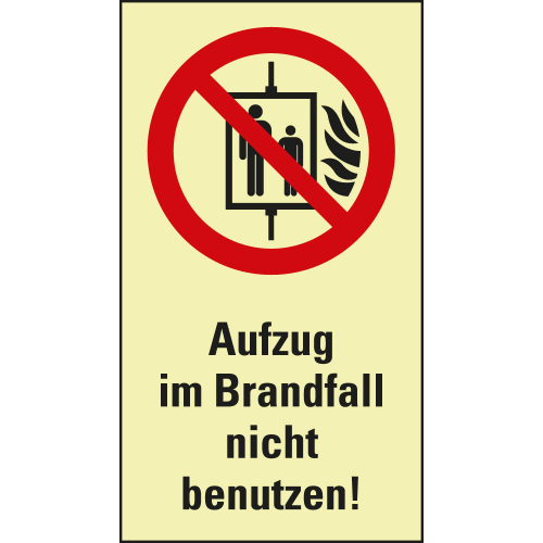 PERMALIGHT power Kombi-Verbotsschild: Aufzug im Brandfall nicht benutzen!, Verbotspiktogramm nach ASR/ISO und Text, Kunststoff lang nachleuchtend, 140 x 250 mm, 1 Stück
