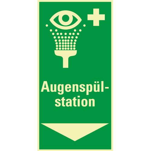 PERMALIGHT power Rettungs-Kombischild: Augenspüleinrichtung, Symbol und Text, ASR A2.3, Kunststoff lang nachleuchtend, 200 x 400 mm