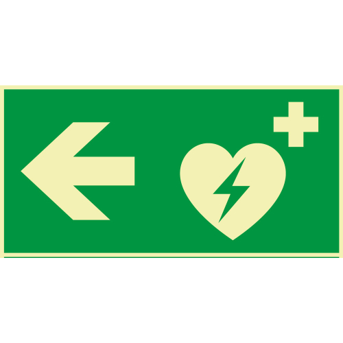 PERMALIGHT power Rettungs-Kombischild: AED links, Symbol und Pfeil, ASR A2.3, Kunststoff lang nachleuchtend, 300 x 150 mm