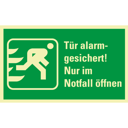 PERMALIGHT power Rettungszeichen: Tür alarmgesichert! Nur im Notfall […], Symbol und Text, ASR A2.3, Folie lang nachleuchtend, 200 x 120 mm