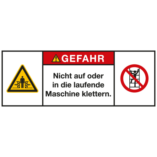 
Produktsicherheitsschild: GEFAHR - Nicht auf oder in die laufende Maschine klettern [...], RoHS konform, Folie selbstklebend, 100 x 35 mm, 1 Stück
