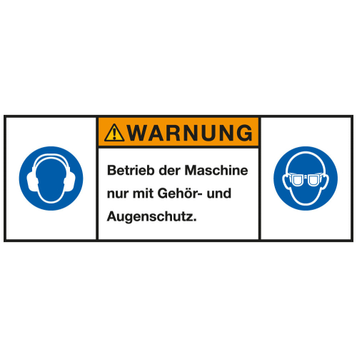 
Produktsicherheitsschild: WARNUNG - Betrieb der Maschine nur mit Gehör- und [...], RoHS konform, Folie selbstklebend, 100 x 35 mm, 1 Stück
