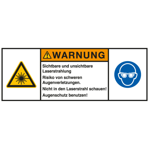 
Produktsicherheitsschild: WARNUNG - Laserstrahlung - Risiko von schweren [...], RoHS konform, Folie selbstklebend, versch. Größen
