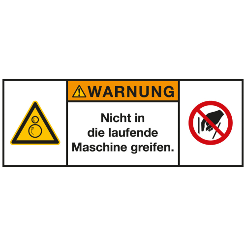 
Produktsicherheitsschild: WARNUNG - Nicht in die laufende Maschine greifen, RoHS konform, Folie selbstklebend, zwei Größen, nur als Einzelstück
