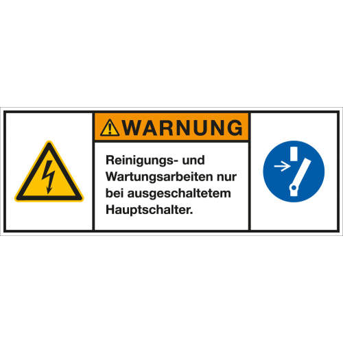 Produktsicherheitsschild: WARNUNG - Reinigungs- und Wartungsarbeiten nur bei […], RoHS konform, Folie selbstklebend