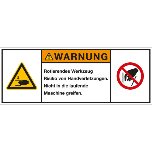 Produktsicherheitsschild: WARNUNG - Rotierendes Werkzeug - Risiko von […], RoHS konform, Folie selbstklebend