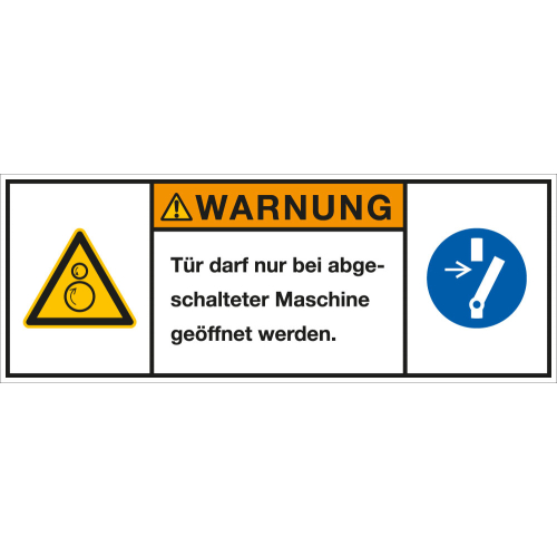 Produktsicherheitsschild: WARNUNG - Tür darf nur bei abgeschalteter Maschine [...], RoHS konform, Folie selbstklebend